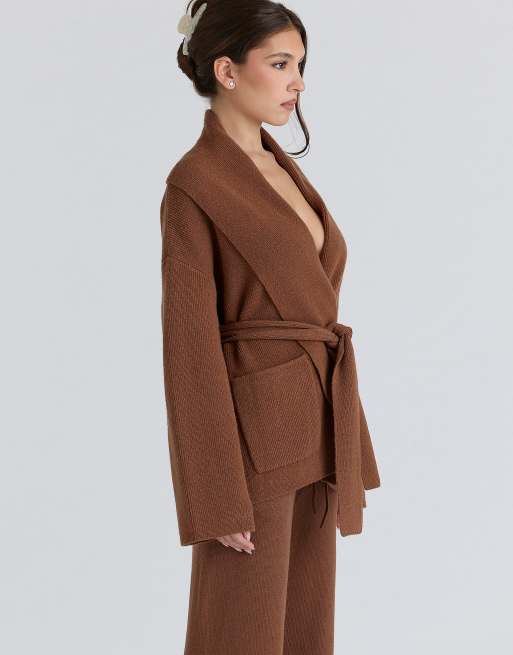 House of CB Madison tan pure wool draped front cardigan in tan, 4 of 4