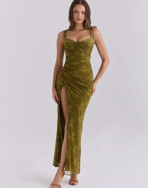 House of CB Maia lace corset thigh slit maxi dress in olive