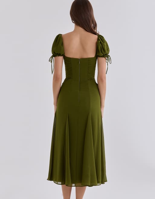 House of CB Marceline Chiffon-Midikleid mit Puffärmeln in Olive, 2 von 4