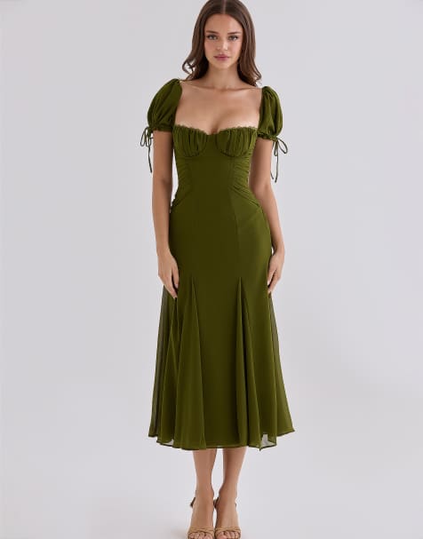 House of CB Marceline olijfgroene chiffon midi-jurk met pofmouwen - view 1