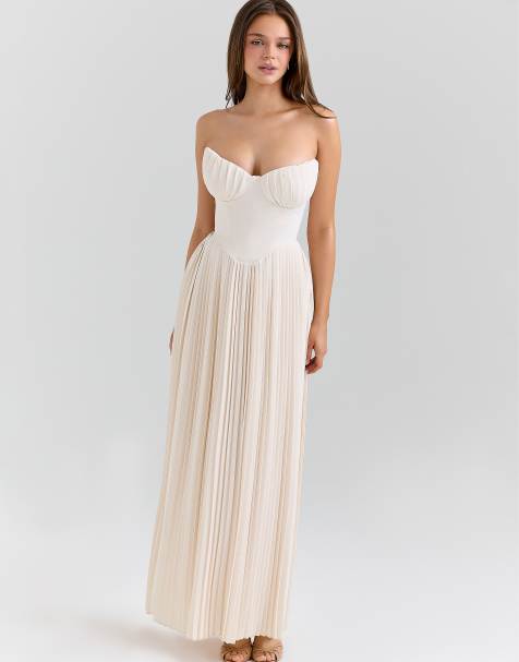 House of CB Marcella ivory georgette pleated maxi dress in ivory
