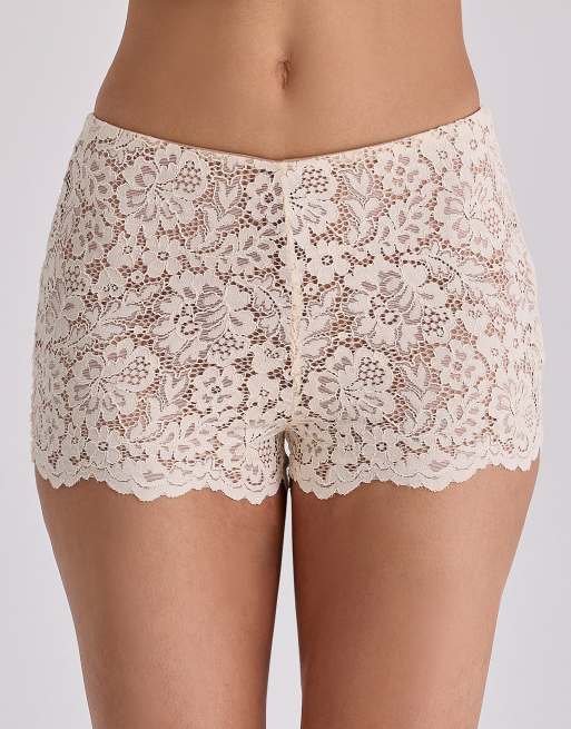 House of CB – Margot – Mini-Shorts aus verstärkter Spitze in Vintage-Elfenbeinweiß