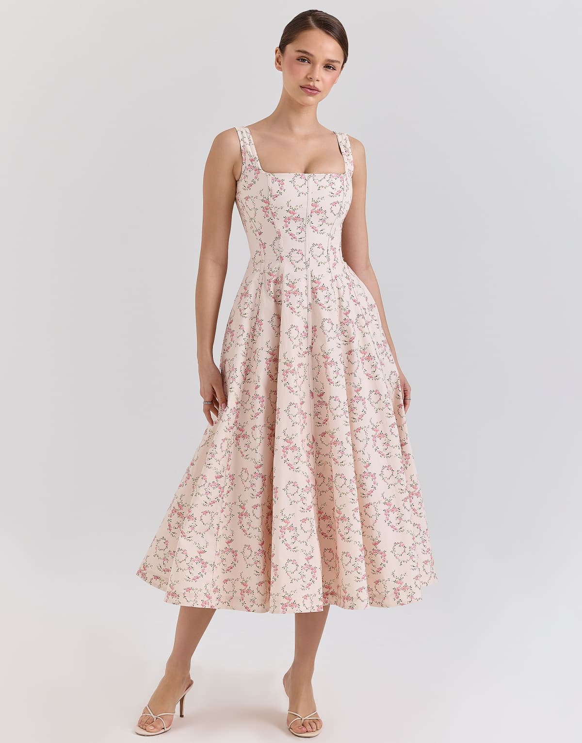 House of CB Mariabella cotton midi sun dress in cream floral print