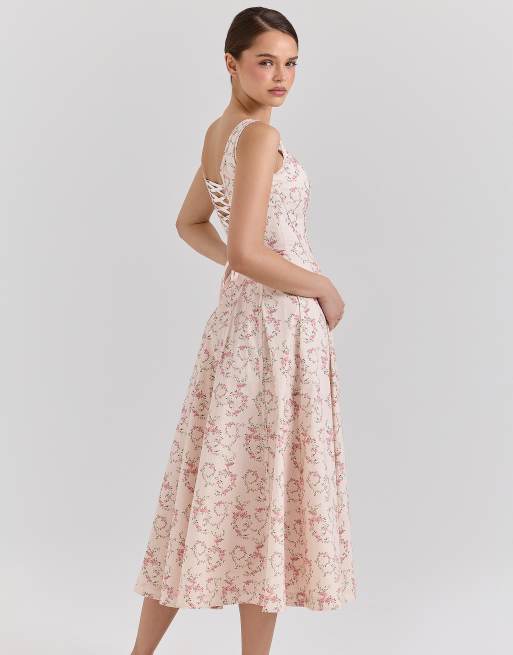 mariabella sage floral print cotton midi dress Mariabella Lace-Up Stretch Cotton Midi Dress (Women)