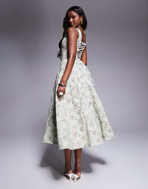 House of CB Mariabella print cotton midi dress in sage floral - view 1