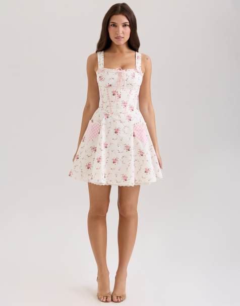 House of CB Marianella print stretch cotton mini dress in cream rose