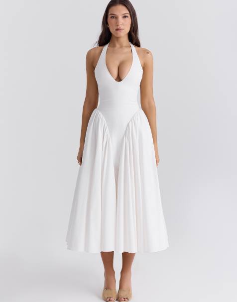 House of CB Marilyn cotton halter midi sundress in white