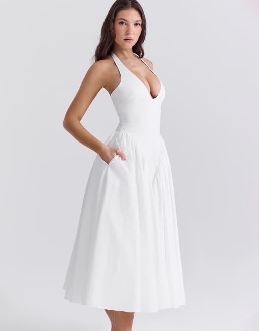 House of CB Marilyn cotton halter midi sundress in white