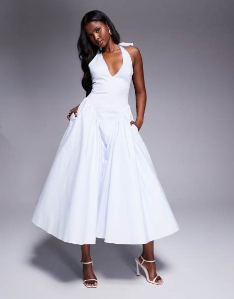 House of CB Marilyn cotton twill halter midi sundress in soft blue