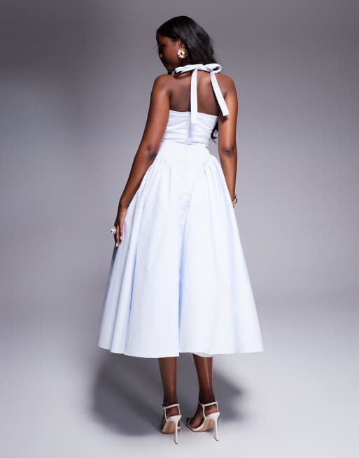 House of CB Marilyn cotton twill halter midi sundress in soft blue