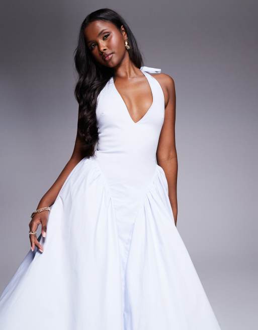 House of CB Marilyn cotton twill halter midi sundress in soft blue