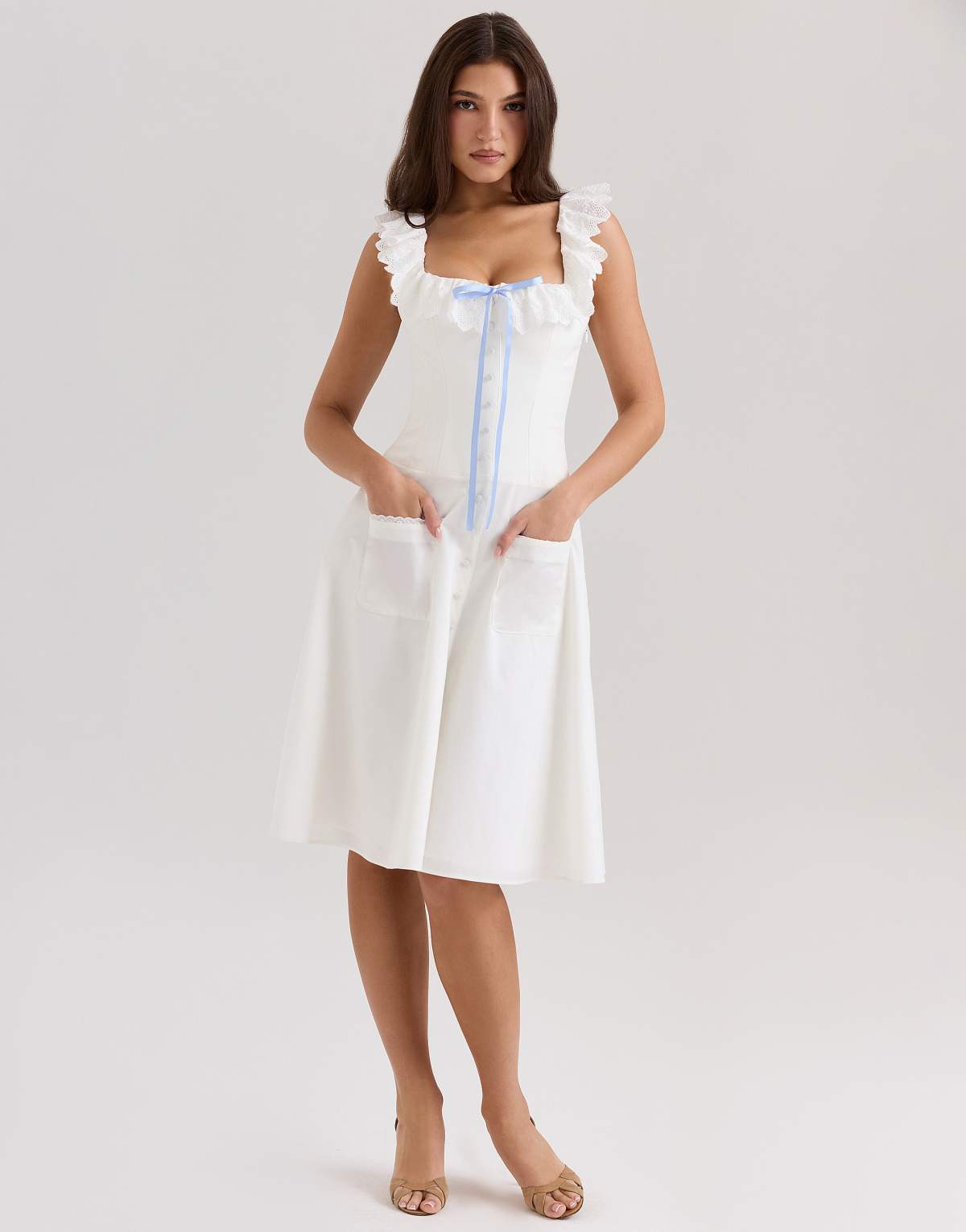 House of CB Mathilde cotton broderie anglaise trim midi dress in white