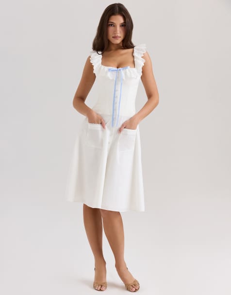 House of CB Mathilde cotton broderie anglaise trim midi dress in white