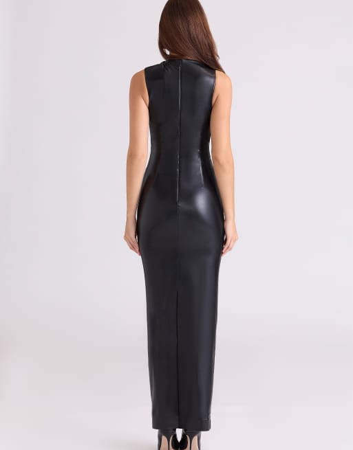 House of CB Maya black vegan leather draped maxi dress in black