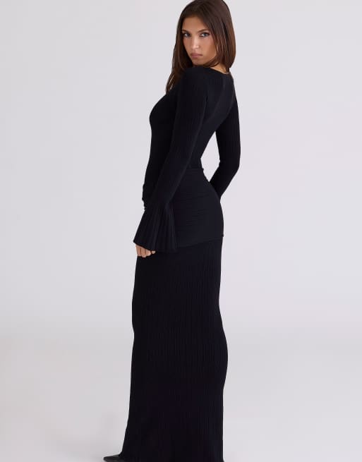 House of CB - Mila - Vestito lungo nero con maniche svasate, 3 di 4
