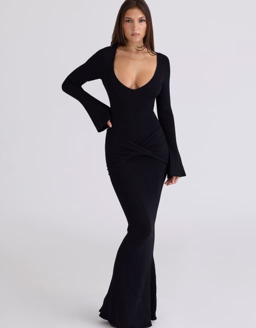 House of CB - Mila - Vestito lungo nero con maniche svasate, 4 di 4