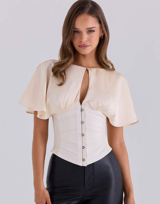 House of CB Mya pearl flutter sleeve corset top in pearl, 3 of 4