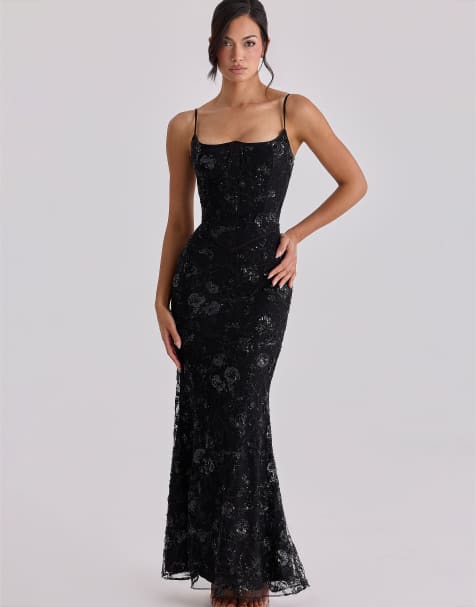House of CB Naima black hand beaded embellished corset maxi dress in black - view 1