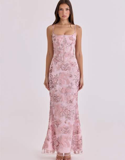House of CB – Naima – Maxikleid in Rosa mit Korsettdetail und handgefertigter Perlenverzierung - view 1