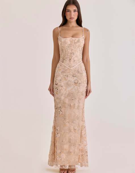 House of CB Naima peach hand beaded embellished corset maxi dress in peach