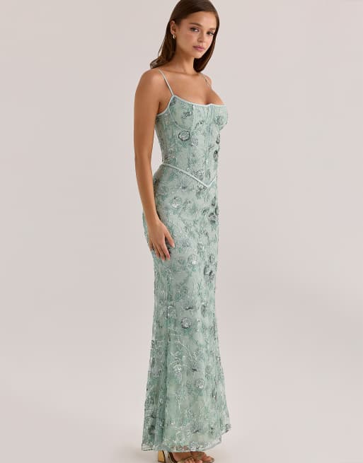 House of CB - Naima - Robe corset longue ornée de perles à la main - Jade, 4 de 4