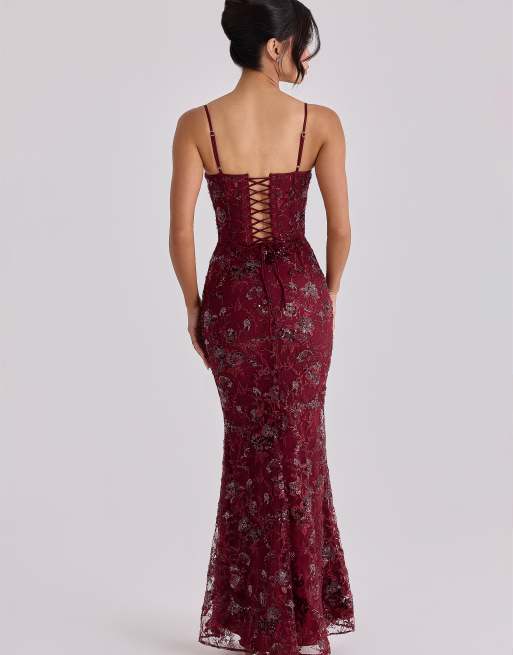 House of CB - Naima - Robe corset longue ornée de perles à la main - Lie-de-vin, 2 de 4