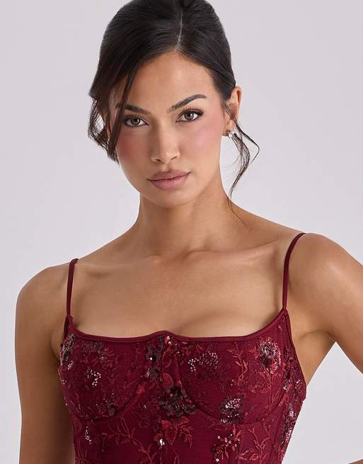 House of CB - Naima - Robe corset longue ornée de perles à la main - Lie-de-vin, 3 de 4
