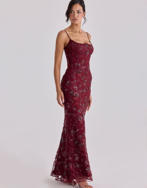 House of CB - Naima - Robe corset longue ornée de perles à la main - Lie-de-vin, 4 de 4
