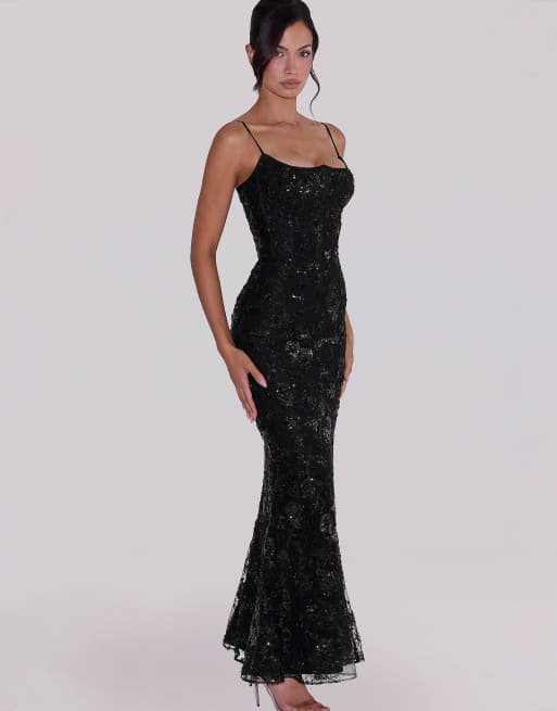 House of CB - Naima - Robe corset longue ornée de perles à la main - Noir, 2 de 4