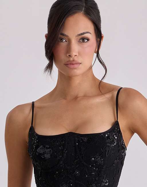 House of CB - Naima - Robe corset longue ornée de perles à la main - Noir, 4 de 4