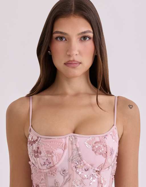 House of CB - Naima - Robe corset longue ornée de perles à la main - Rose, 2 de 4