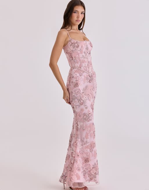 House of CB - Naima - Robe corset longue ornée de perles à la main - Rose, 3 de 4