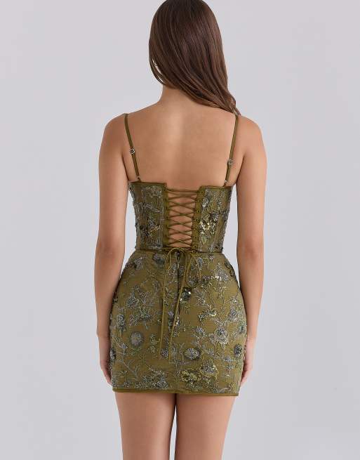 House of CB Naima robe courte corset ornée de perles à la main en olive, 2 de 4