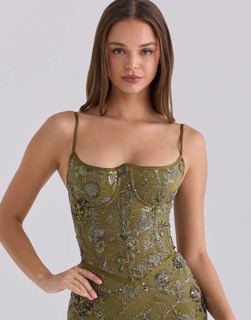 House of CB Naima robe courte corset ornée de perles à la main en olive, 3 de 4