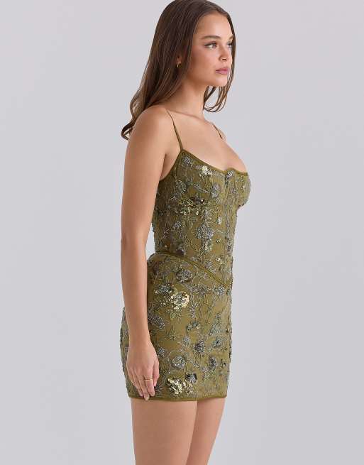 House of CB Naima robe courte corset ornée de perles à la main en olive, 4 de 4
