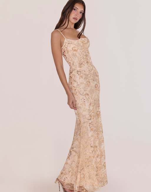 House of CB Naima robe longue corset ornée de perles à la main, pêche, 2 de 4