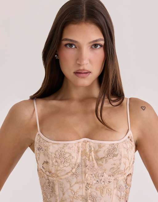 House of CB Naima robe longue corset ornée de perles à la main, pêche, 3 de 4