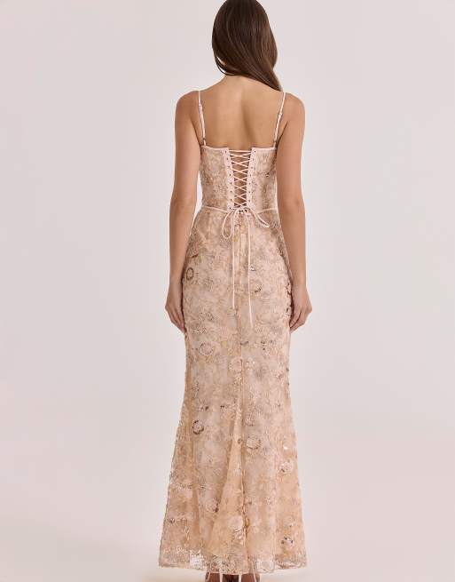 House of CB Naima robe longue corset ornée de perles à la main, pêche, 4 de 4