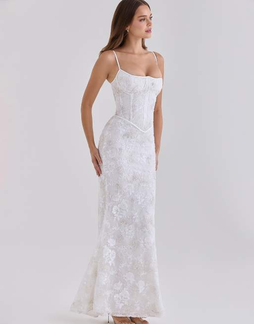 House of CB Naima robe longue corset ornée de perles cousues à la main en blanc, 4 de 4
