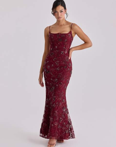 House of CB Naima wine hand beaded embellished corset maxi dress in wine