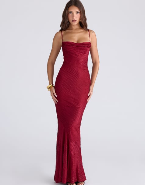 House of CB Nalani deep red devoré satin maxi gown - limited edition in deep red