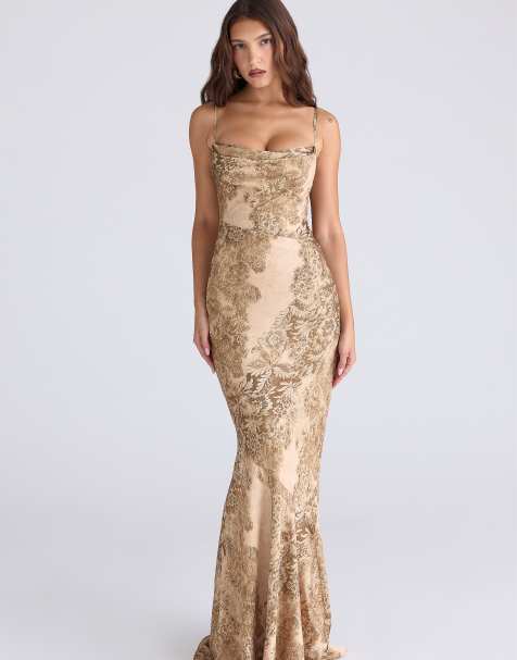 House of CB Nalani gold printed satin maxi dress - limited edition in gold printed - view 1