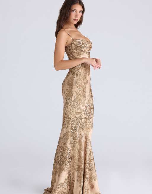 House of CB Nalani gold printed satin maxi dress - limited edition in gold  printed | ASOS