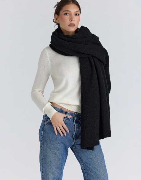 House of CB Nara black wool oversized textured scarf in black