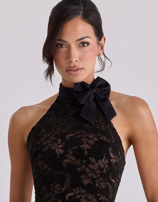House of CB Natalya black lace high neck mini dress with detachable bow in  black | ASOS