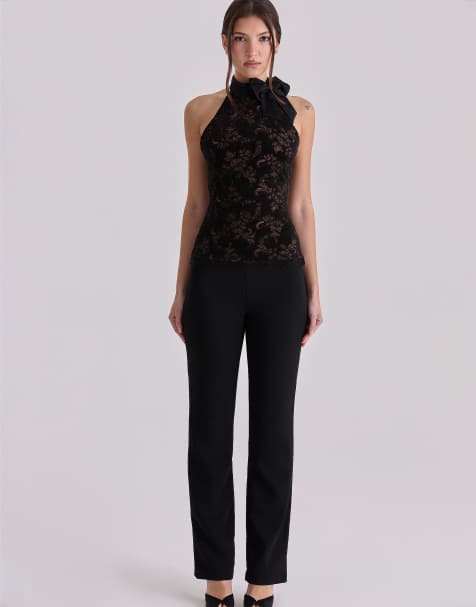 House of CB Natalya black lace high neck top with detachable bow in black - view 1