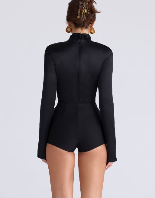 House of CB Neneh black satin high neck long sleeve bodysuit in