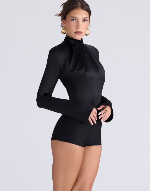 House of CB Neneh black satin high neck long sleeve bodysuit in