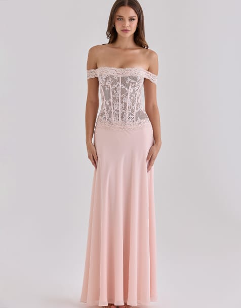 House of CB Nerina abito lungo corsetto rosa in pizzo e georgette - view 1