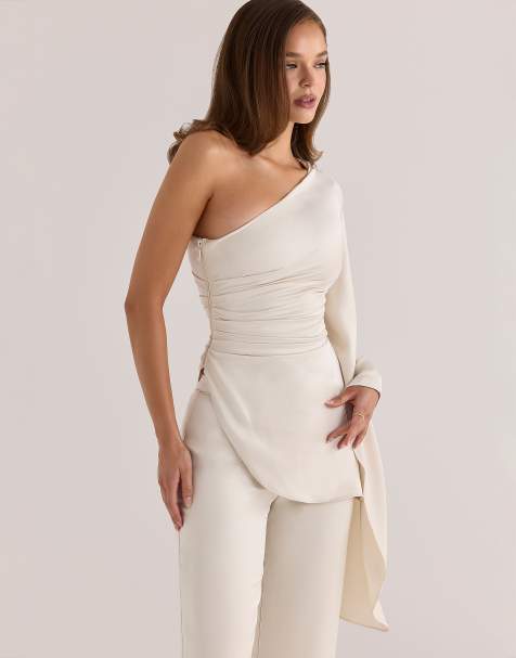 House of CB – Nicolette – Drapiertes, asymmetrisches Oberteil aus Satin in Austernweiß mit einem Ärmel - view 1